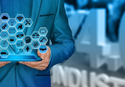 industry symbols carried by a man graphic